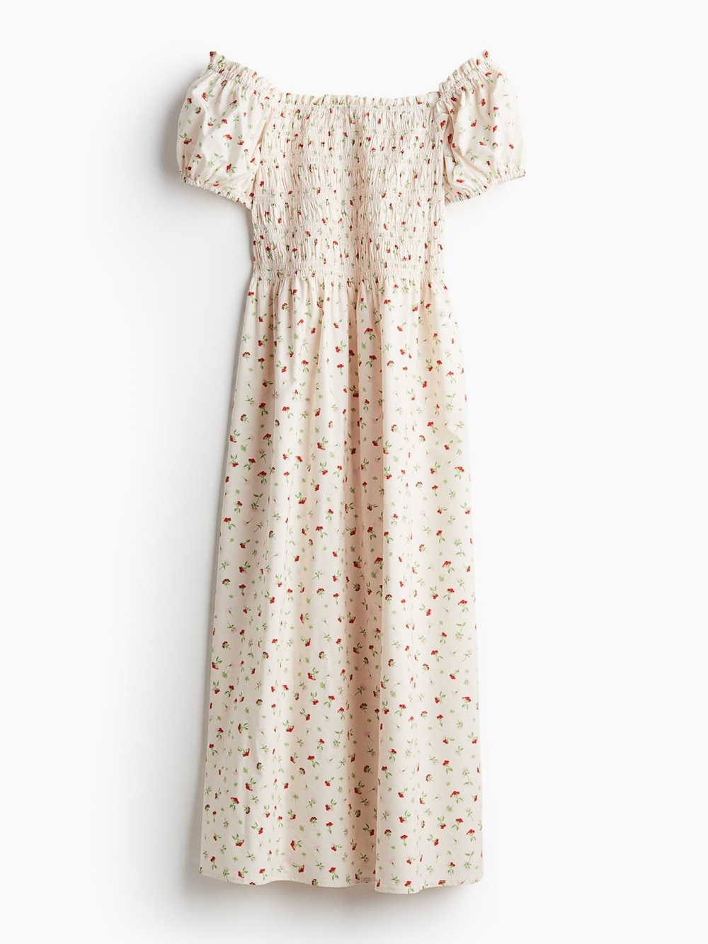 H&M White Smocked Dress with Red Floral Print